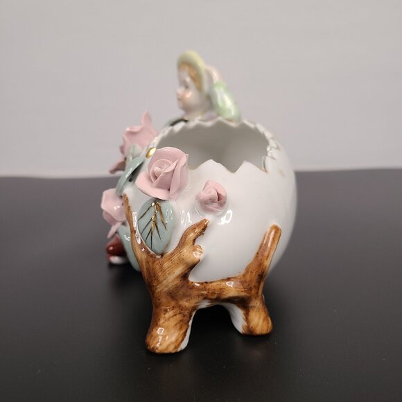Vintage Ceramic Planter with large egg, girl, and applied pink flowers - Picture 3 of 7